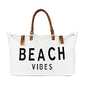 Lamyba Beach Bag with Vegan Leather Handle, Extra Large Beach Bag for Women Waterproof Sandproof, White
