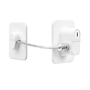 landvk child safety device refrigerator door lock with key and adhesives cabinet restrictor cable for baby and toddler lock for cupboards drawers fridge wardrobe white pack of 2
