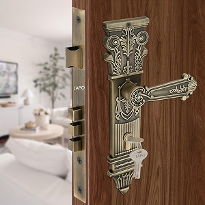 lapo main door amp bedroom lock handle set  50x85 lock body  70mm cylinder  dual side door compatibility  ideal for 3050mm door range  3 brass keys  antique finish  3 years warranty