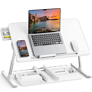 saiji laptop bed tableadjustable pvc leather laptop table 4 heights amp 4 anglesportable large desk with storage drawerfoldable perfect desk for work study reading amp more - white 33x60 cm