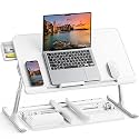 SAIJI Laptop Bed Table,Adjustable PVC Leather Laptop Table, 4 Heights &amp; 4 Angles,Portable Large Desk with Storage Drawer,Foldable Perfect Desk for Work, Study, Reading &amp; More - White (33x60 cm)