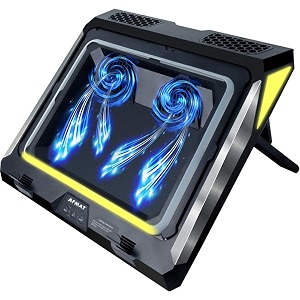 laptop cooling pad for 14-17 inch gaming laptop double blower cooler pad with dust filter flexible rubber ring colorful lightsadjustable mount standthird gear speed-black