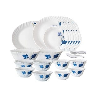 larah by borosil fluted series ageria opalware floral dinner set  33 piece for family of 6  microwave amp dishwasher safe  bone-ash free  crockery set for dining amp gifting  plates amp bowls  white