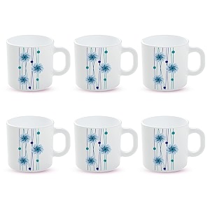 larah by borosil bluebell opalware mug set of 6 teacoffee mugs 180 ml each microwave amp dishwasher safe bone-ash free crockery set ideal for daily use amp gifting white