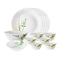 Larah by Borosil Green Herbs Opalware Dinner Set, 14 Pcs, White