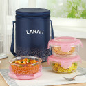 Larah by Borosil Speckle Pink Borosilicate Glass Lunchbox, 3pc Round Set (400ml x 3) Tiffin 3 Containers Glass Office Lunch Box