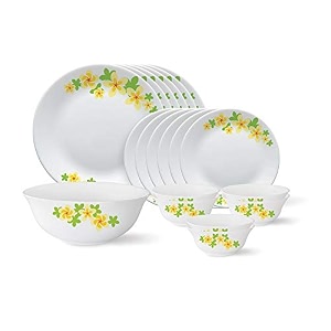 larah by borosil floral - tiara series golden shower 19 pcs opalware dinner set white