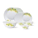 Larah by BOROSIL Floral - Tiara Series, Golden Shower, 19 Pcs, Opalware Dinner Set, White