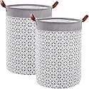 Large 2 Pack Laundry Hamper Basket, 63L Freestanding Waterproof Clothes Basket, Collapsible Round Bohemia Storage Organizer with Leather Handles for Dirty Clothes, Home Storage (Grey)