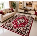 Large Area Rug 8x11 Feet -Red Color Floral Living Room Carpet Anti-Slip Premium Bedroom Floor Rug