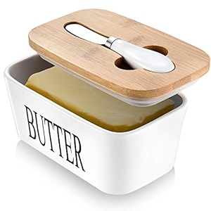 large butter dish with knife holds up to 2 sticks ceramics butter keeper container with bamboo lid and stainless steel double-layer silicone sealing butter dishes with covers good kitchen gift white