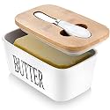 Large Butter Dish with knife Holds Up to 2 Sticks Ceramics Butter Keeper Container with Bamboo Lid and Stainless Steel Double-layer Silicone Sealing Butter Dishes with Covers Good Kitchen Gift White