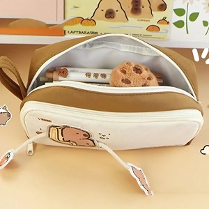 large capacity cartoon pencil case double layer cute aesthetic pencil case for girls multifunctional stationery organizer for school office cute brown pouch