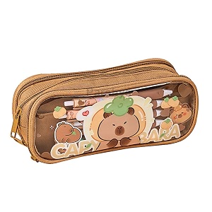 large capacity transparent cute cartoon 3 compartment aesthetic pencil case for girls multifunctional stationery organizer for school office transparent capybara brown pouch