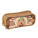 Large Capacity Transparent Cute Cartoon 3 Compartment Aesthetic Pencil Case for Girls Multifunctional Stationery Organizer for School Office (Transparent Capybara Brown Pouch)