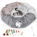 Large Cats Tunnels for Indoor Cats Fluffy Warm Cat Bed and Detachable Cave Tunnels with 20 Pet Toys, Donut Tunnel and Variety Kitten Toy Set for Playing