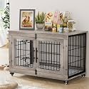 Large Dog Crate Furniture, 38'' Heavy Duty Wood Kennel w/Cushion &amp; Wheels