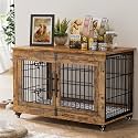 Large Dog Crate Furniture, 38'' Heavy Duty Wood Kennel w/Cushion &amp; Wheels