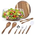 Large Glass Salad Bowl Set with Acacia Wood Base, Lid and Wood Utensils