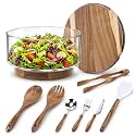 Large Glass Salad Bowl Set with Acacia Wood Base, Lid and Wood Utensils