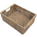 Large Natural Wicker Basket Rectangular with Wooden Handles, Seagrass Storage for Organizing, Shelves 15.5 x 10.6 x 5.5 inches