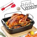Large Nonstick Roasting Pan Kit with Rack (17x13 Inch) - Includes Baster, Pastry Brush & Twine for Turkey, Chicken, Ham - Even Heating, Easy Clean, Dark Grey