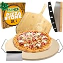 Large Pizza Stone for Oven 16 inch - Round Pizza Stone for Grill with Handles, Wood Pizza Peel and Cutter Set - Baking Stone for Bread - Pizza Making Kit Accessories - Gifts for Food Lovers
