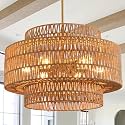 Large Rattan Chandelier 23.62" Boho Chandelier for Dining Room 6 Lights