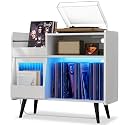 Large Record Player Stand -Turntable Stand Shelf w/Power Outlet &amp; LED Light