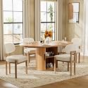 Large Retro Dining Table Set for 4, Modern Oval Kitchen Table Set with 4 Upholstered Chairs, Solid MDF Table with 2-Layer Storage Shelf and Wood Slide Door, Luxury Beige Chenille Chairs