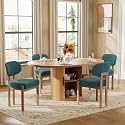 Large Retro Dining Table Set for 4, Modern Oval Kitchen Table Set with 4 Upholstered Chairs, Solid MDF Table with 2-Layer Storage Shelf and Wood Slide Door, Luxury Blue Chenille Chairs