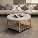 Large Round Waterproof Ottoman Coffee Table 2 Tier Oversized Button Tufted with Wooden Shelf Storage Farmhouse Upholstered Coffee Table Living Room Footstool Linen (Gray+ Khaki)
