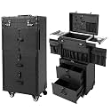 Large Storage Cosmetic Trolley Rolling Makeup Case Vintage Style with Locks and Metal Wheels Mobile Beauty Tool Box for Professional Hairstylist Makeup Artist Salon Black