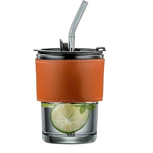 larynx 400 ml glass coffee mug with straw coffee cup with leather sleeve mugs gift set tea cuptumbler mug drinking glasses for gifts travel mug blackset of 1