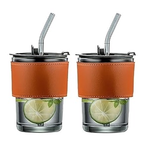 larynx 400 ml glass coffee mug with straw coffee cup with leather sleeve mugs gift set tea cuptumbler mug drinking glasses for gifts travel mug blackset of 2
