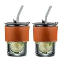 LARYNX 400 ml Glass Coffee Mug with Straw Coffee Cup with Leather Sleeve Mugs Gift Set Tea Cup,Tumbler Mug, Drinking Glasses for Gifts, Travel Mug, (Black,Set of 2)
