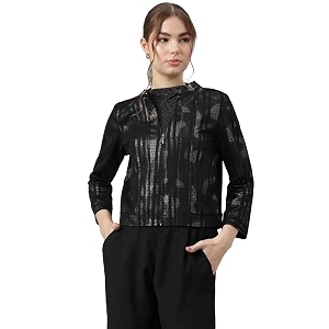 Latin Quarters Women Black Mandarin Collar Long