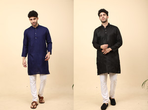 laughtale pack of 2 solid cotton blend straight kurta for men multicolor