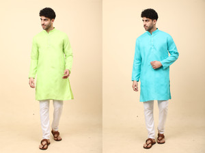 laughtale pack of 2 solid cotton blend straight kurta for men multicolor