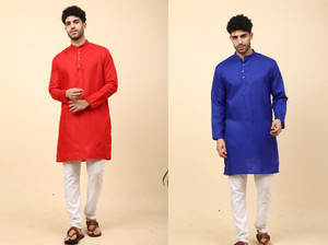 laughtale pack of 2 solid cotton blend straight kurta for men multicolor