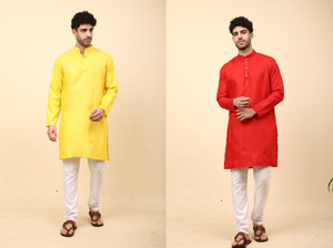 laughtale pack of 2 solid cotton blend straight kurta for men multicolor