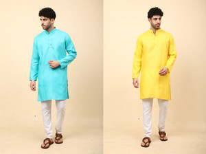 laughtale pack of 2 solid cotton blend straight kurta for men multicolor