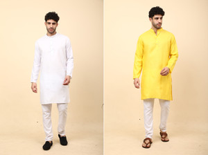 laughtale pack of 2 solid cotton blend straight kurta for men multicolor