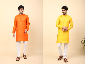 laughtale pack of 2 solid cotton blend straight kurta for men multicolor