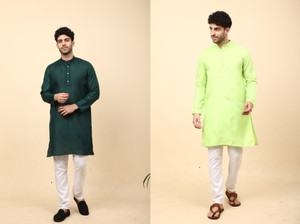 laughtale pack of 2 solid cotton blend straight kurta for men multicolor