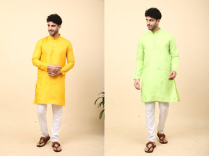 laughtale pack of 2 solid cotton blend straight kurta for men multicolor