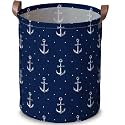 Nautical Anchor Laundry Basket, Navy Blue Hamper, 15.75x19.7in
