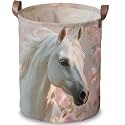 White Horse Laundry Basket, Laundry Hamper, Leather Handles, 15.75x19.7in