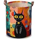 Mid-Century Modern Cat Laundry Basket, Black Polka Dot Hamper, 15.75x19.7in