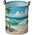 Beach Laundry Basket, Beach Laundry Hamper, Leather Handles, 15.75x19.7in